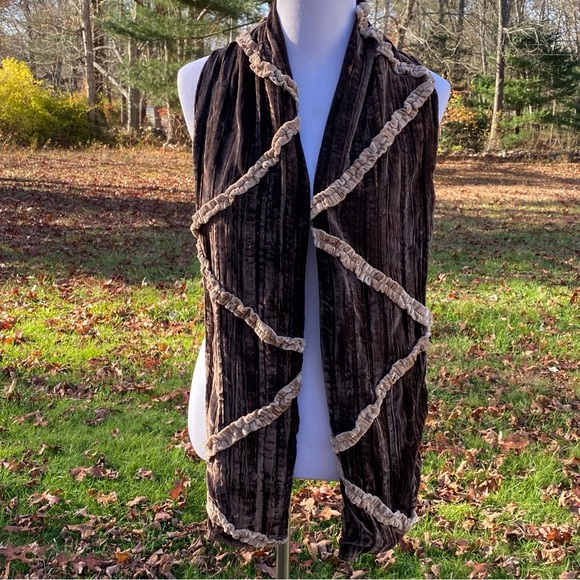 Accessories - SCARF BROWN TAN CRINKLE VELVET LONG RECTANGLE BOHEMIAN ACCESSORY